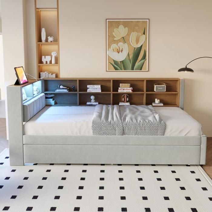Canapé-lit gigogne - KOMHTOM - Modèle gigogne - Couchage 90x200 cm - LED intégrée USB-C - Rangement tiroirs Canapé-lit gigogne - KOMHTOM - Modèle gigogne - Couchage 90x200 cm - LED intégrée USB-C - Rangement tiroirs