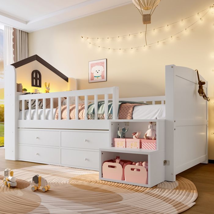 Lit mi-hauteur 90x200 bois blanc en cabane avec LED 4 tiroirs escalier rangement et sommier