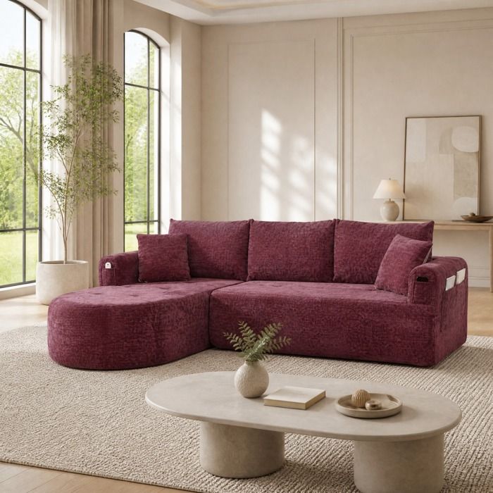 Canapé dangle 3 places compressé sans montage - MODENVIE - porte-gobelet inox poches latérales tissu lin rouge bordeaux
