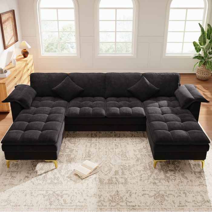Canapé Panoramique en U 4 Places Modulaire avec 2 Méridiennes et 2 Coussins Pieds en Métal Chenille Noire 262 × 134 × 86 cm