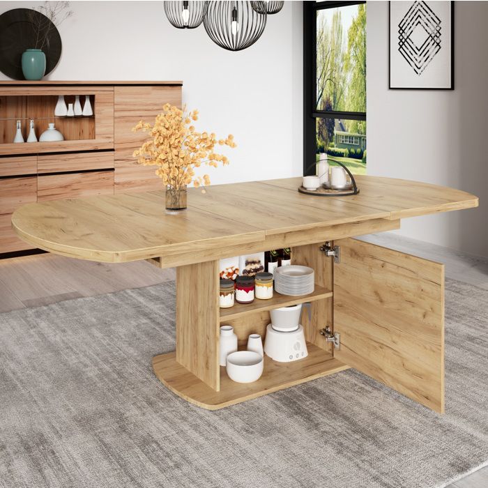 WUVRIE Table à manger extensible ovale avec rangement intégré décor chêne 200 x 80 x 75 cm