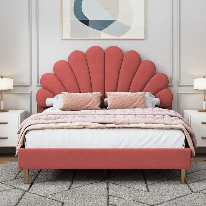 Lit 140 x 200 Rembourré avec Tête De en Forme de Fleur et Sommier à Lattes dadolescent Fille en Velours Doux pour La Peau Rouge