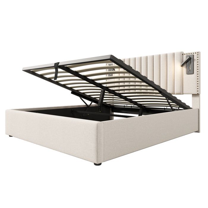 Lit coffre double beige 140 x 200 cm avec sommier relevable lampes de lecture et ports USB/USB-C