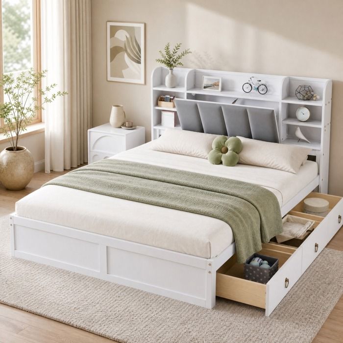 MEULVA Lit double 160x200 cm avec rangement intégré 3 tiroirs bibliothèque pin MDF velours blanc et gris