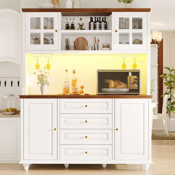 Buffet haut de cuisine 140x40x179 5 cm éclairage LED RGB via application 4 tiroirs étagères réglables porte-verres MDF Blanc