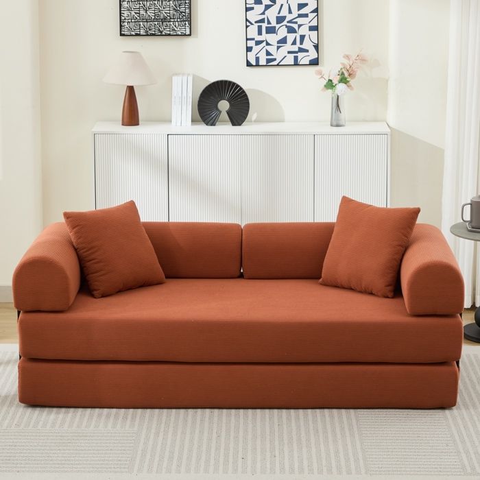 Canapé-Lit Convertible 2 Places Orange Sofa Convertible Droit FloraGrace Pour Salon Ou Bureau Sans Montage 200x90x75cm