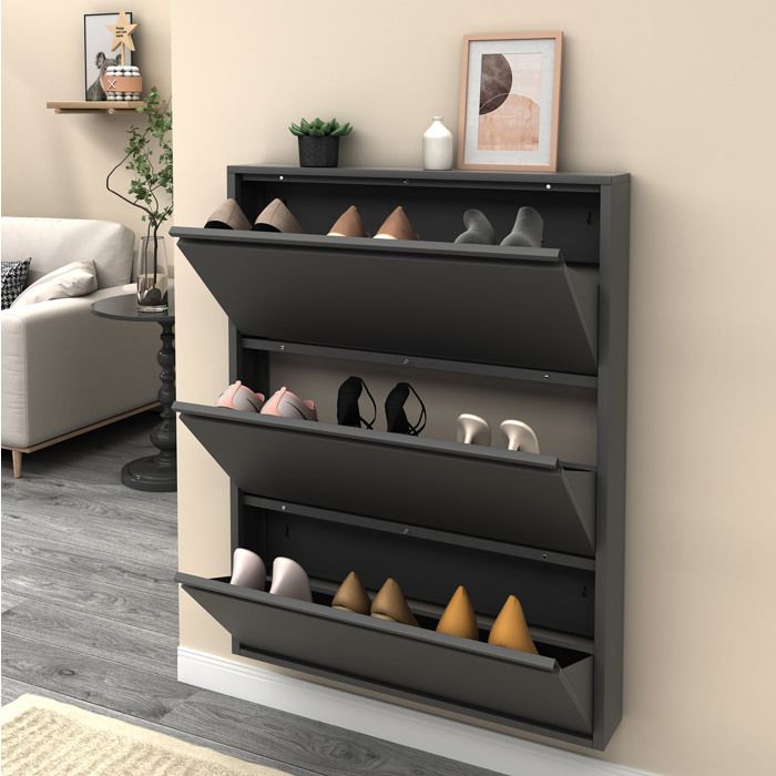 Meuble à chaussures mural métal noir 3 tiroirs abattants rangement dissimulé slim pour entrée et couloir JOINERY