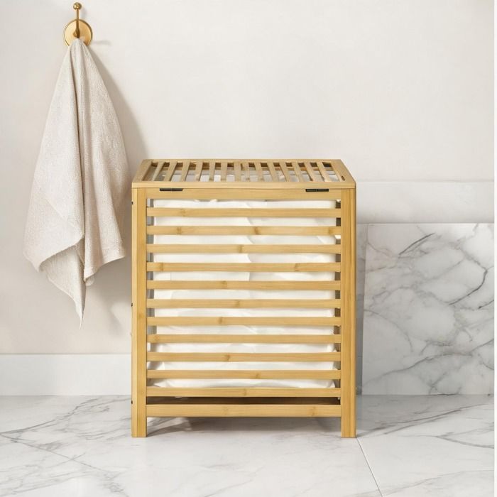 Grand panier à linge en bambou avec sac amovible polyester-coton et couvercle – 50 x 36 x 60 cm finition bois naturel