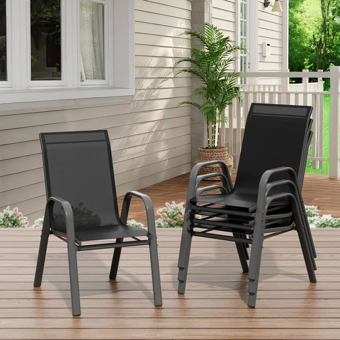 Chaises de jardin empilables - Lot de 4 - Textilène - Anti-UV - 140 kg - Terrasse/balcon - Acier antirouille - Noir