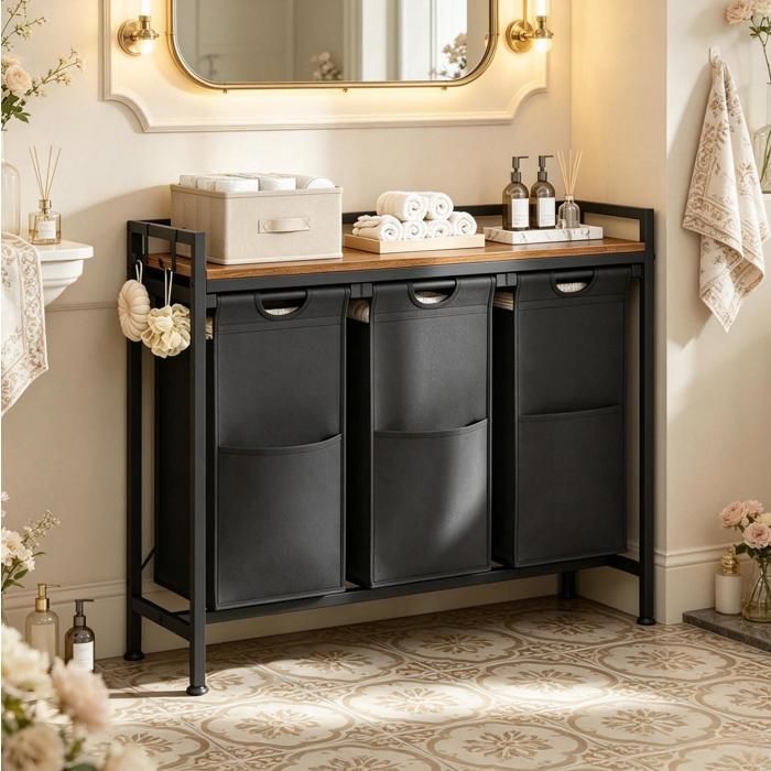 MEUBLIV Desserte de salle de bain avec 3 paniers à linge amovibles plateau noir et marron rustique