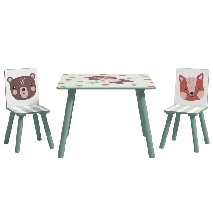Ensemble de salon pour enfants de 3 à 8 ans comprenant une table et deux chaises avec un joli motif danimaux de couleur verte. Ensemble de salon pour enfants de 3 à 8 ans comprenant une table et deux chaises avec un joli motif danimaux de couleur verte.