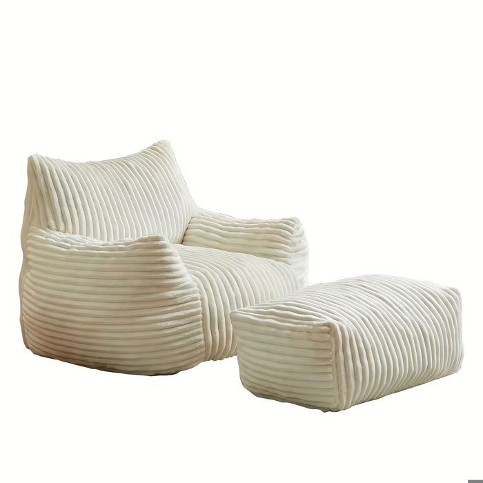 Pouf Poire avec Repose-Pieds 103x90x70 cm Fauteuil Relax Ergonomique Soutien 5 Zones Accoudoirs Larges Velours Côtelé Blanc
