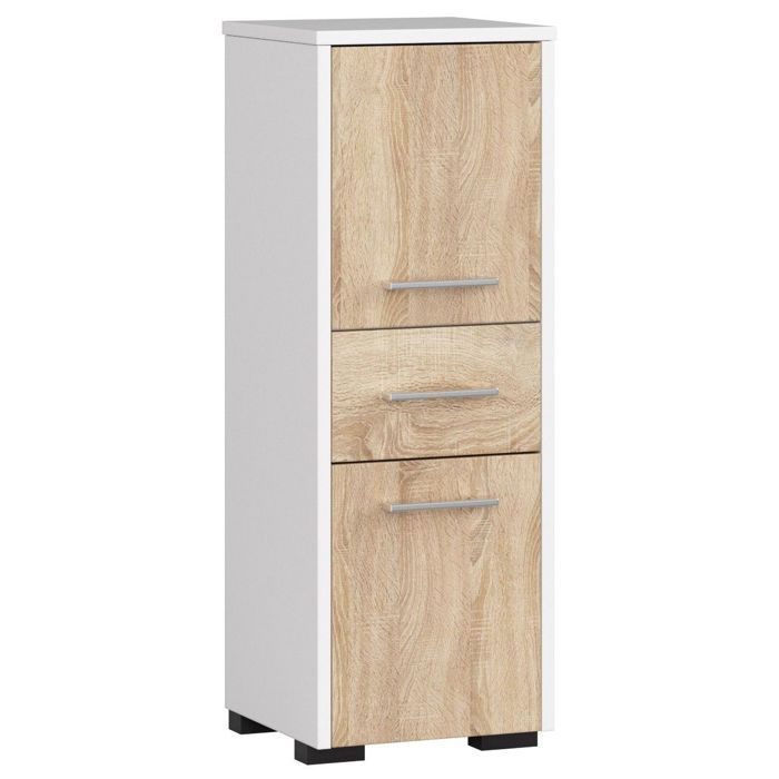 Colonne salle de bains AKORD FIN Blanche 30 cm 2 portes 1 tiroir façade Chêne Sonoma 3 étagères 30x30x85 cm