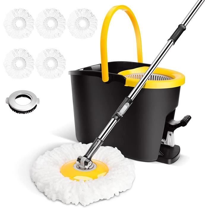 Kit Balai Serpillère Essoreur JUNYFFF - Vadrouille Rotative Avec Seau Et 2 Têtes Gris