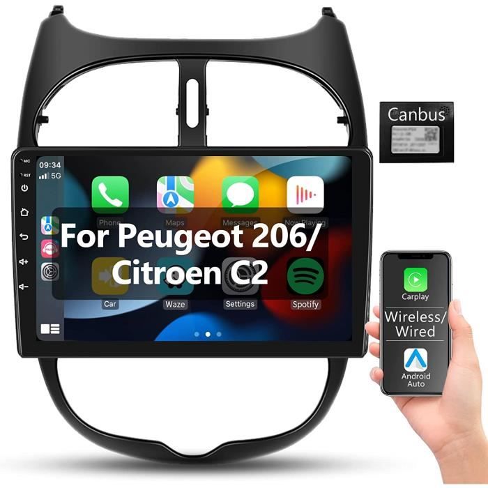 4+64G/8 Cœurs Android 13 Autoradio Pour Peugeot 206/Peugeot 206CC/Citroen C2 2002-2010 Avec CarPlay Android Auto Sans Fil, 9" IPS Écran Tactile Avec GPS WiFi BT FM/RDS DSP EQ SWC Caméra Arrière