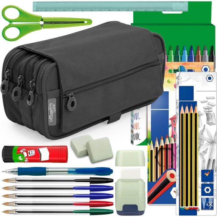 Trousse Scolaire Triple Compartiment Avec 44 Accessoires - Stylos, Crayons, Feutres, Ciseaux - Dimensions 12,5 X 20 X 7 Cm