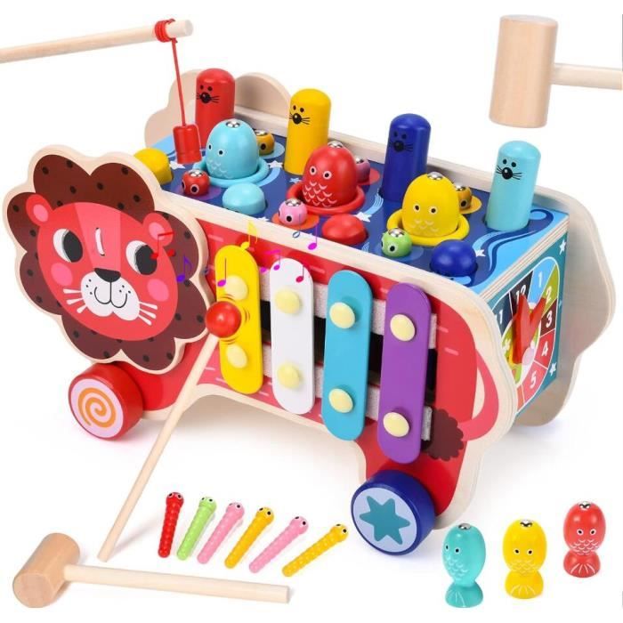 Jouet en Bois 7 en 1 - Marteau, Pêche Magnétique, Horloge, Xylophone - Garçons Filles 2-4 Ans