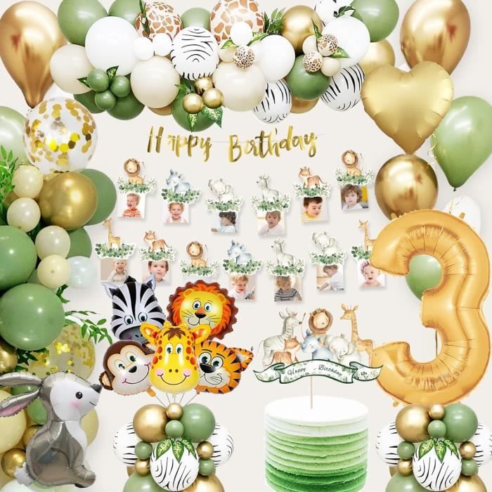 Déco Anniversaire Jungle 46 Pièces – Ballons, Cake Toppers, Toile De Fond, Nappe – Thème Safari – Garçon Et Fille