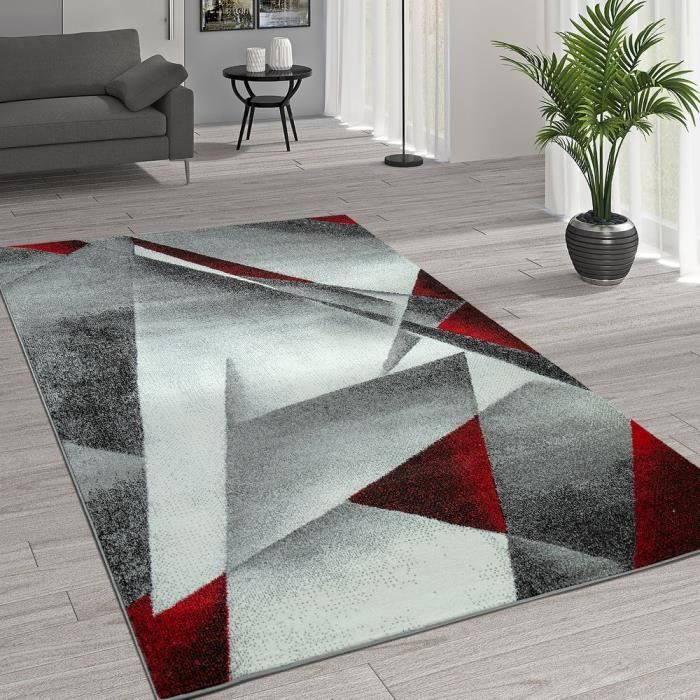 Tapis Moderne Motif Géométrique Gris Rouge 70x140 Cm