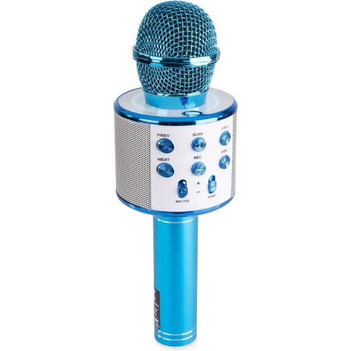 MAX KM01 - Microphone Karaoké micro sans fil Bluetooth - Bleu, haut-parleur intégré, micro modificateur de voix et écho