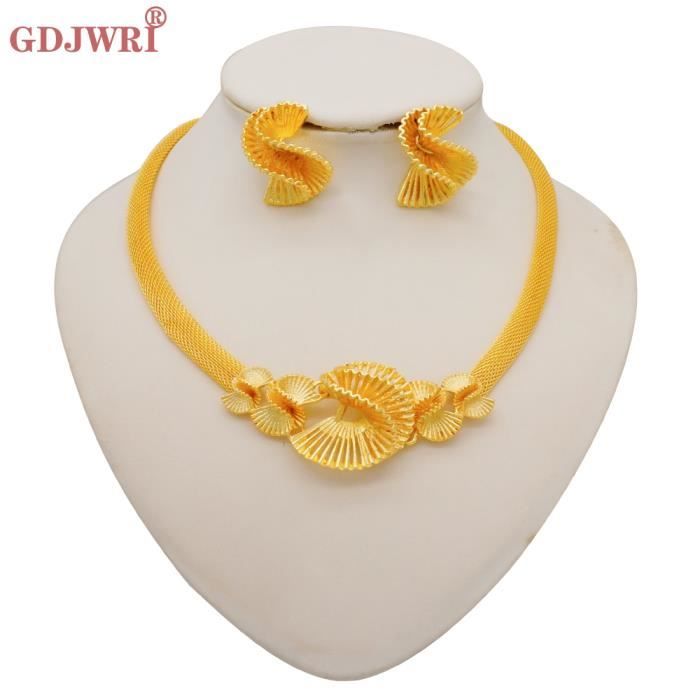 Ensemble de bijoux de couleur or de dubaï pour femmes, collier et boucles'oreilles avec pendentif à grande fl