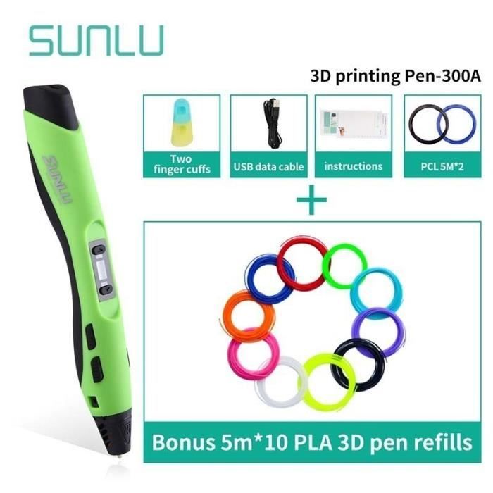 Imprimante 3D,SUNLU – stylo d'impression 3D, avec Filament PLA de 50M, sans  danger pour les enfants, - Type SL-300A-5.10-Green - Cdiscount Informatique