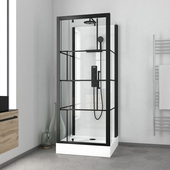 Cabine de douche Carrée 80x80x213 cm - Porte pivotante - Fond Blanc et Profilés Noir Mat - RUBIQ Cabine de douche Carrée 80x80x213 cm - Porte pivotante - Fond Blanc et Profilés Noir Mat - RUBIQ