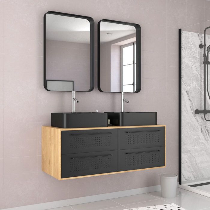 Pack meuble de salle de bain caisson finition chêne naturel + 2 vasques noir mat + 2 miroirs - UBY 120cm