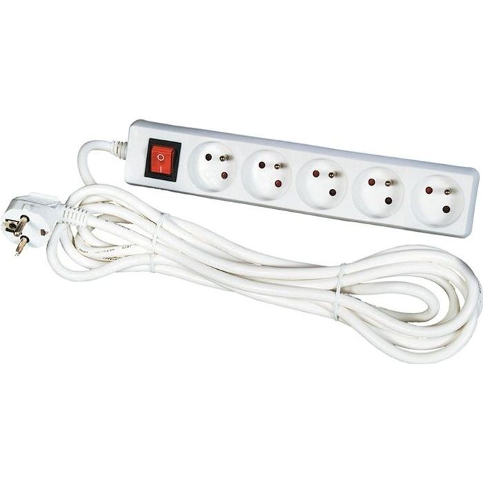 Perel Bloc multiprise avec interrupteur, 3 prises avec terre française (type  E), 2 ports USB, 1.5 m, 3G1.5, usage intérieur, blanc