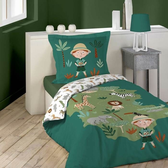Parure de lit pour enfant avec housse de couette et taie doreiller pour lit bébé 100 % coton Motif animaux de la jungle 