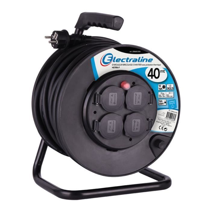Rallonge Professionnelle Electraline 40m Avec Enrouleur - IP44 - Section 3x2,5mm² - Noir