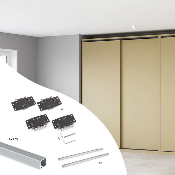 Emuca Kit de ferrures pour Flow2 2 portes coulissantes et armoire à fermeture souple avec rails encastrés 235m panneaux non