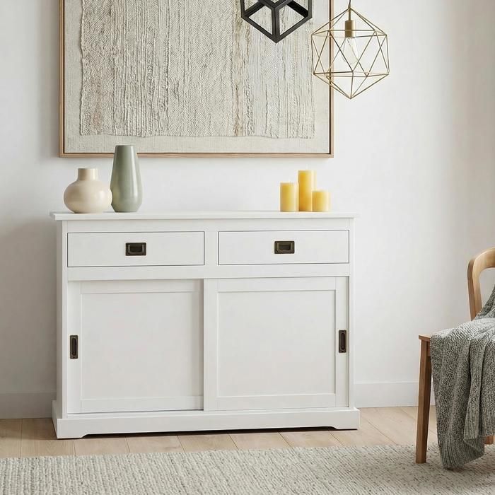 Buffet salle à manger SAVONA L 110 cm en bois massif blanc 2 tiroirs 2 portes coulissantes meuble rangement Buffet salle à manger SAVONA L 110 cm en bois massif blanc 2 tiroirs 2 portes coulissantes meuble rangement