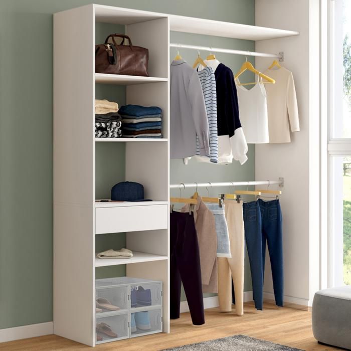 IDMARKET Kit dressing MELINE 160 x 40 x 180 cm blanc avec étagères + tiroir + double penderie IDMARKET Kit dressing MELINE 160 x 40 x 180 cm blanc avec étagères + tiroir + double penderie