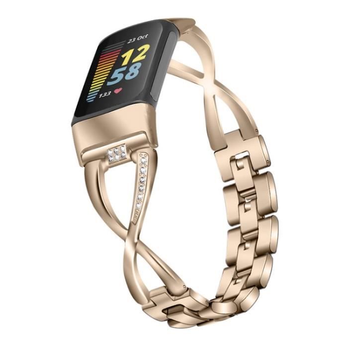 Connecteur De Bracelet Femmes Décor Strass Design Creux X Montre Bracelet En Métal Bracelet Pour Fitbit Charge 5 - Or Rétro