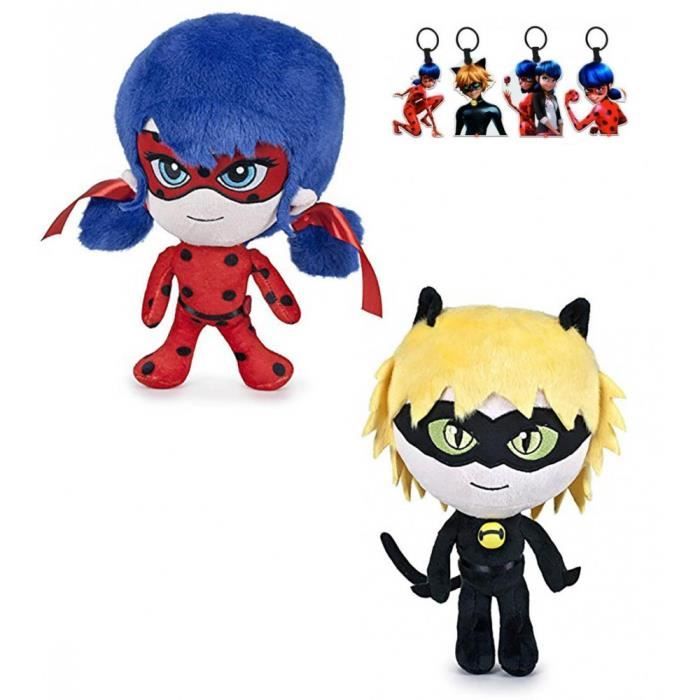Peluche Miraculous Lot de 2 Ladybug et Chat Noir 15CM 1 porte