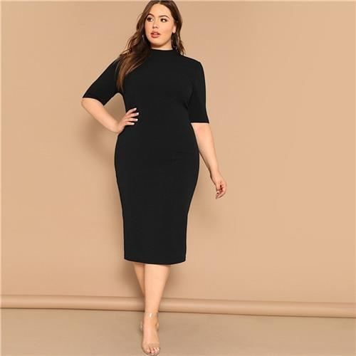 Robe SHEIN chic noir grande taille col montant crayon solide robe mince femmes printemps bureau dame moulante basiques Type Black Blanc Cdiscount Pret a Porter