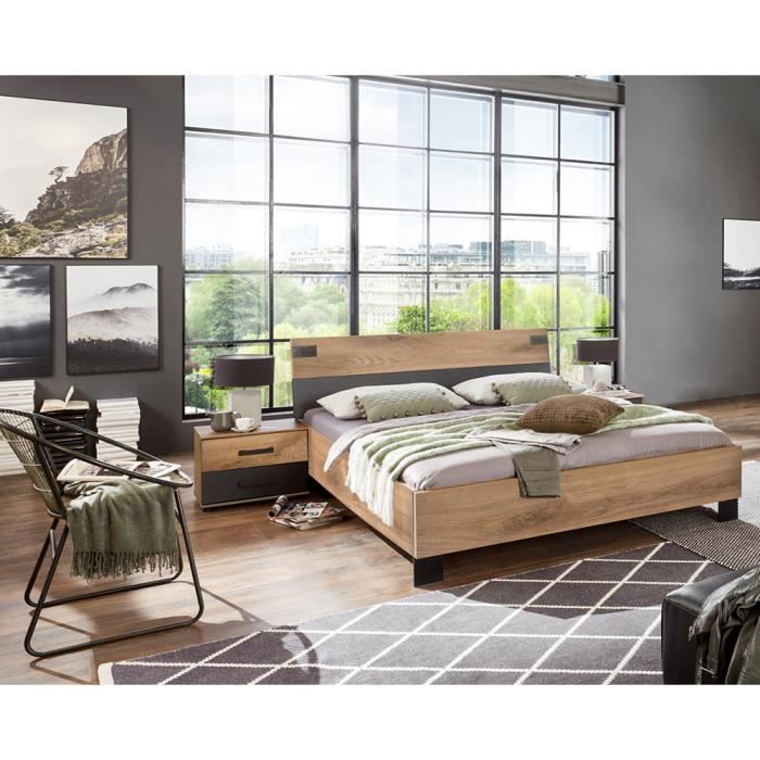 Lit adulte double 160 x 200 + 2 chevets coloris chêne foncé - Longueur 168 x Profondeur 210 x Hauteur 94 cm Lit adulte double 160 x 200 + 2 chevets coloris chêne foncé - Longueur 168 x Profondeur 210 x Hauteur 94 cm