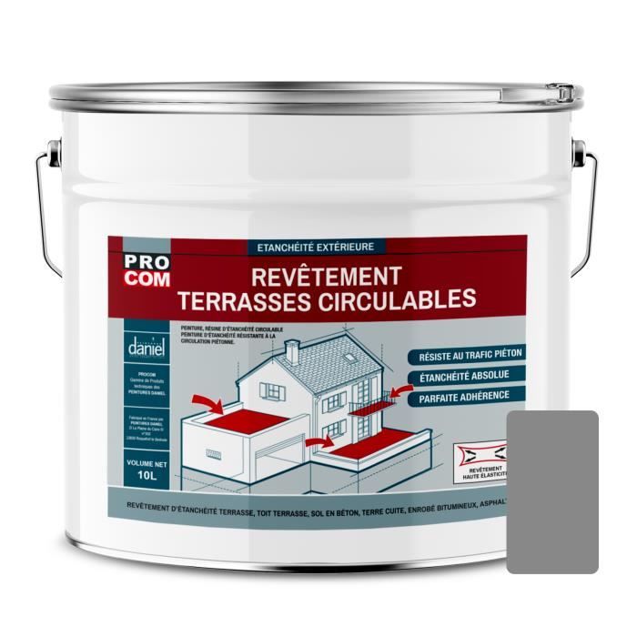 Peinture d'étanchéité imperméabilisante pour terrasse circulable, balcons, sols extérieurs, 10L Gris