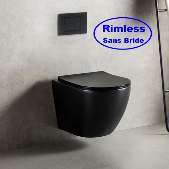 WC Suspendu Ovale - Avec Abattant - Céramique Noir Brillant - Sans Bride - 49x36 cm - Cort