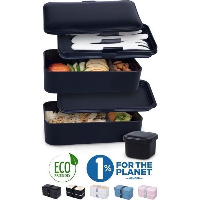 umami® ⭐ lunch box premium | couverts, pot à sauce et séparateurs inclus | boîte bento déjeuner | sans bpa | 1200ml | noir mat