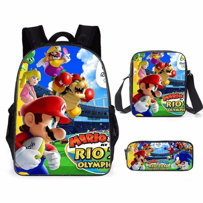 PERLETTI Sac à Dos Enfant à Roulettes Super Mario Yoshi - Trolley Détachable Bleu Rouge, Cartable Léger Maternelle Garçon Avec Chariot Amovible - 36x24x15 Cm