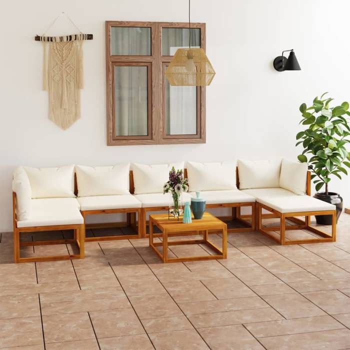 Salon De Jardin 3 Pièces En Acacia Massif - 2 Bancs Et 1 Table Basse - Avec Coussins Gris - Style Vintage, Pour Terrasse Et Jardin