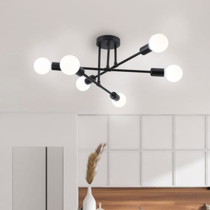 WOTTES Plafonnier 6x E27 Luminaire Vintage Industrielle Lustre pour Cuisine Chambre Salon Noir