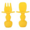 2 pcs bébé cuillère fourchette Ensemble de tablette auto-alimentant en tout-petits ustensiles antidérapants en silicone jaune-1