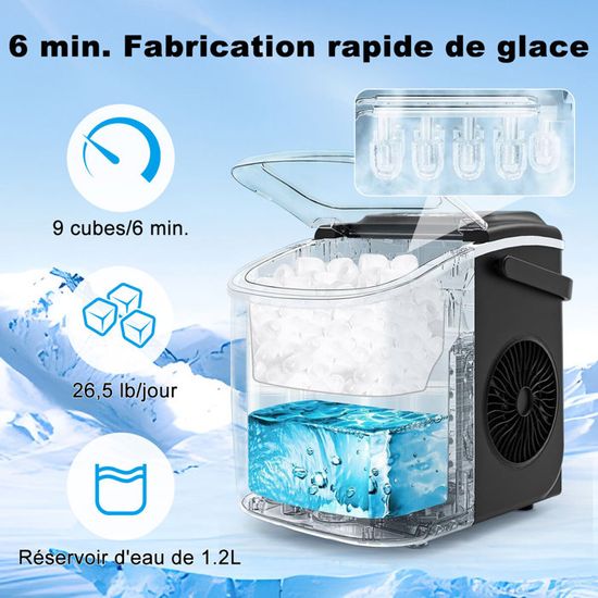 Machine à Glaçons WOLTU 15kg/24h - 9 Glaçons/7min, Réservoir 1.4L - 2 Tailles, Autonettoyante - Noir