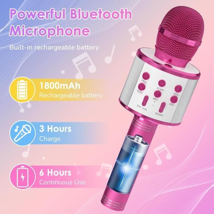 Micro Karaoké Sans Fil Pour Enfant – Bluetooth, 5 Effets Vocaux, Enregistrement, Mode Selfie, Batterie 8h, Compatible Android/iOS/PC, Dès 5 Ans