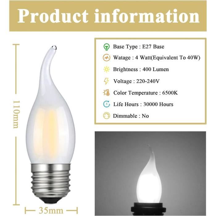 Ampoule LED Flamme E14 4W (40W) - Blanc Froid 6500K