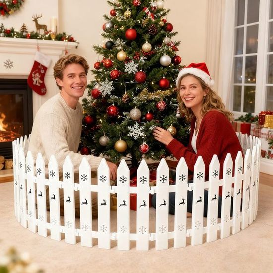 Barrière Décorative Pour Sapin De Noël - 24 Pièces Avec Motifs Flocons Et Cerfs, Blanc, Longueur Totale 240 Cm