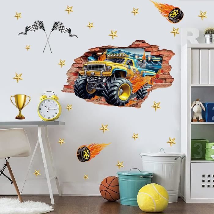 Stickers Muraux Enfant Camion De Pompiers Et Véhicules - Décoration Chambre Garçon, Salle De Jeux - 2 Feuilles 30x90cm